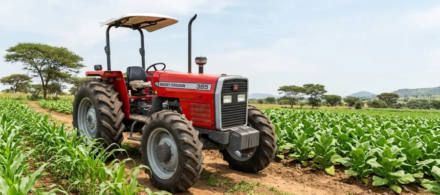 Red Massey Ferguson 385 tractor parked in a green crop field with rows of leafy plants and a blue sky in the background, used for farming tasks.